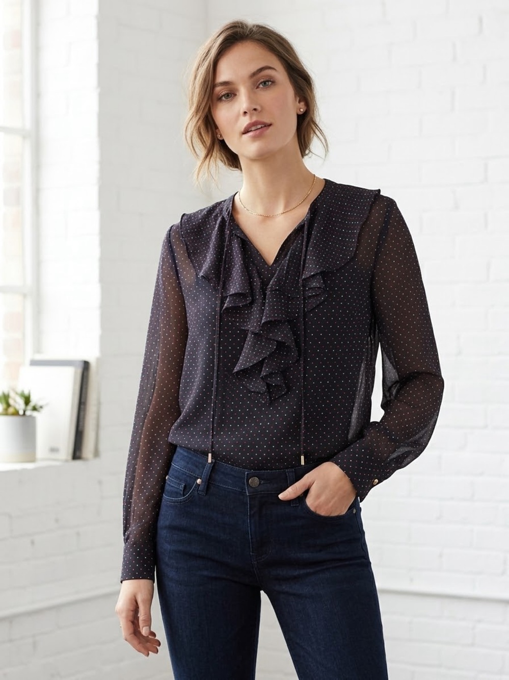 Tommy Hilfiger Womens XS Polka Dot Ruffle Neck Sheer Blouse Navy Blue Shirt